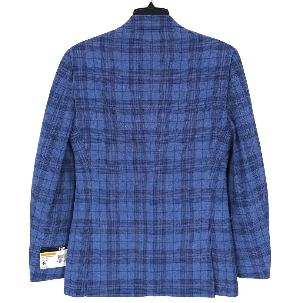 Bar III Mens Slim Fit Sport Coat Blazer 46R Blue Plaid Linen Cotton Blend NWT